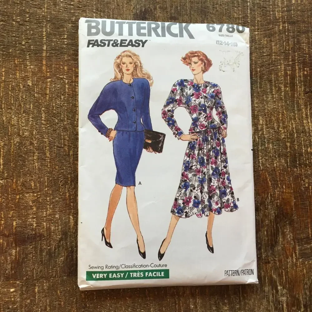 Butterick Sewing Pattern 6780 80s Dolman Sleeve Top Skirt 12-16 UNCUT Vintage